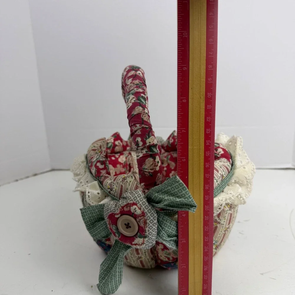Handmade Quilted Patchwork Fabric Basket Floral Lace Button Country Cottage Red